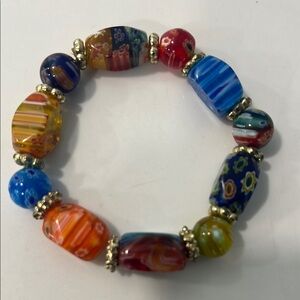 Murano Red and Blue Glass Beaded Bracelet with Gold Accents Stretch Bracelet